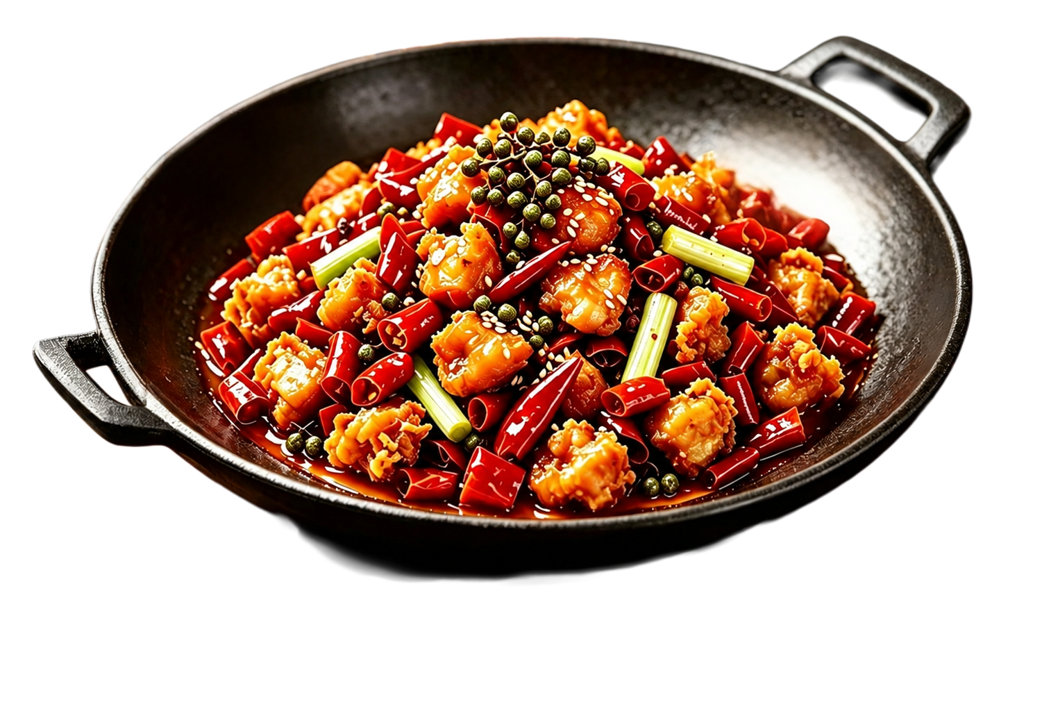 生成与参考图完全一致的高清美食照片，黑色铸铁锅中盛放着麻辣鸡块… - 图片创意预览