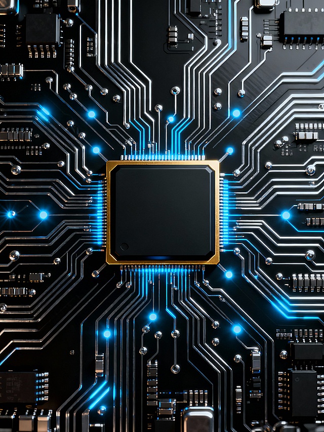 一张具有强烈赛博朋克风格的电路板特写海报，以深邃的黑色为背景，布满精密复杂的银色电路纹路，中央位置有一个黑色的方形芯片作为视觉焦点，芯片边缘带有金色边框，电路上点缀着明亮的蓝色发光线条和光点，营造出科技感与未来感，整体构图呈现出对称且富有层次感的布局，光影效果突出，高光与阴影对比强烈，展现出电子元件的金属质感与电路的流畅线条，视觉冲击力强，能快速传达科技核心主题。