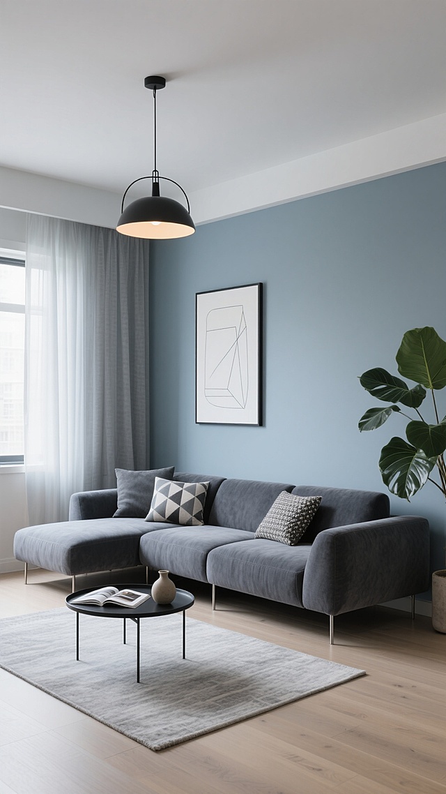 现代简约风格的客厅室内设计，主体为一个线条流畅、造型独特的模块化布艺沙发，沙发采用深灰色高级绒布面料，搭配几个不同大小和纹理的几何图案靠垫，沙发下方是纤细的金属支撑腿。客厅整体色调以冷静的灰蓝色为主，墙面为浅灰色哑光质感，地面铺设浅色宽木地板。左侧有一扇大窗户，悬挂着半透明的浅灰色垂坠感窗帘，阳光透过窗户柔和地洒入室内。沙发前铺着一块浅灰色带有细腻纹理的长方形地毯，地毯上放置一个圆形黑色金属框架小茶几，茶几上摆放着一本翻开的设计杂志和一个简约的陶瓷花瓶。沙发后方的墙上挂着一幅抽象的几何线条装饰画，画框为细黑色。右侧角落放置一盆大型的琴叶榕绿植，增添自然气息。天花板中央悬挂着一盏造型简约的黑色金属吊灯，灯光温暖柔和，营造出宁静、舒适且富有设计感的居住氛围。整个空间布局合理，注重留白和线条的简洁，展现出北欧极简主义的设计美学。