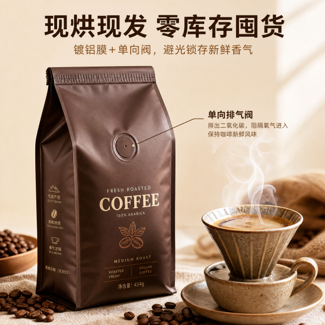 [主图-5] 现烘现发锁鲜包装展示图。氛围风格：新鲜可信的食品电商风格，突出新鲜度优势。画质：商业摄影质感，光线柔和通透，产品清晰真实，画面干净高级。元素：主体展示完整镀铝膜包装袋，特写展示包装上的单预览效果