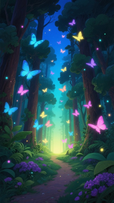 一幅充满神秘梦幻氛围的插画风格森林场景，画面整体呈现幽暗的蓝绿色调，光线从森林深处的尽头散发柔和的黄绿色光芒，照亮了前方的小径。高大挺拔的树木林立两侧，树干呈深褐色，枝叶茂密且层次分明，顶部透出深蓝色的夜空。无数大小不一、形态各异的发光蝴蝶在空中飞舞，翅膀呈现出蓝、黄、粉、紫等多种荧光色彩，并点缀着细小的发光粒子。地面覆盖着茂密的绿色植被，点缀着紫色的花丛，小径两旁的植物叶片清晰可见。整体构图……预览效果