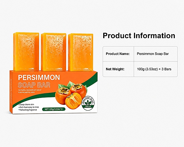 [第8屏] Product specification information, complete product parameters information, the last screen of the detail page. 本屏 uses 【图1】 as product image.
[氛围/风格] Standard formal style, clear information, simple and generous.
[元素布局] The product packaging is on the left, accounting for about 45% of the screen. The right side is the parameter information table, which lists all key product information. The overall layout is left product right parameter, clear and neat.
[光影质感] Soft uniform light, the product and information text are clearly visible, the overall clean and professional.
[配色色系] Global background #F8F8F8, main product orange, parameter text black, information table border light grey.
[视角构图] Left product right information table layout, front perspective, neat and organized.
[文字版式] Main title "Product Information" at the top right. The parameter table includes: Product Name: Persimmon Soap Bar, Net Weight: 100g (3.53oz) × 3 Bars