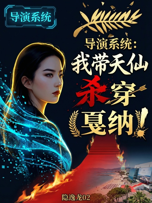 将图片制作成小说封面，书名：导演系统：我带天仙杀穿戛纳！，笔名：隐逸龙02。画面顶部散落金棕榈碎片，左上添加带科技框的荧光蓝“导演系统”文字，人物占画面55%，眼神凌厉望右，飘带改为断裂的数据流光带，预览效果