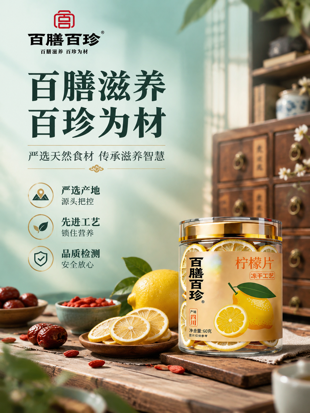[商品] 使用【图1】百膳百珍冻干柠檬片罐装产品和【图2】品牌… - 图片创意预览