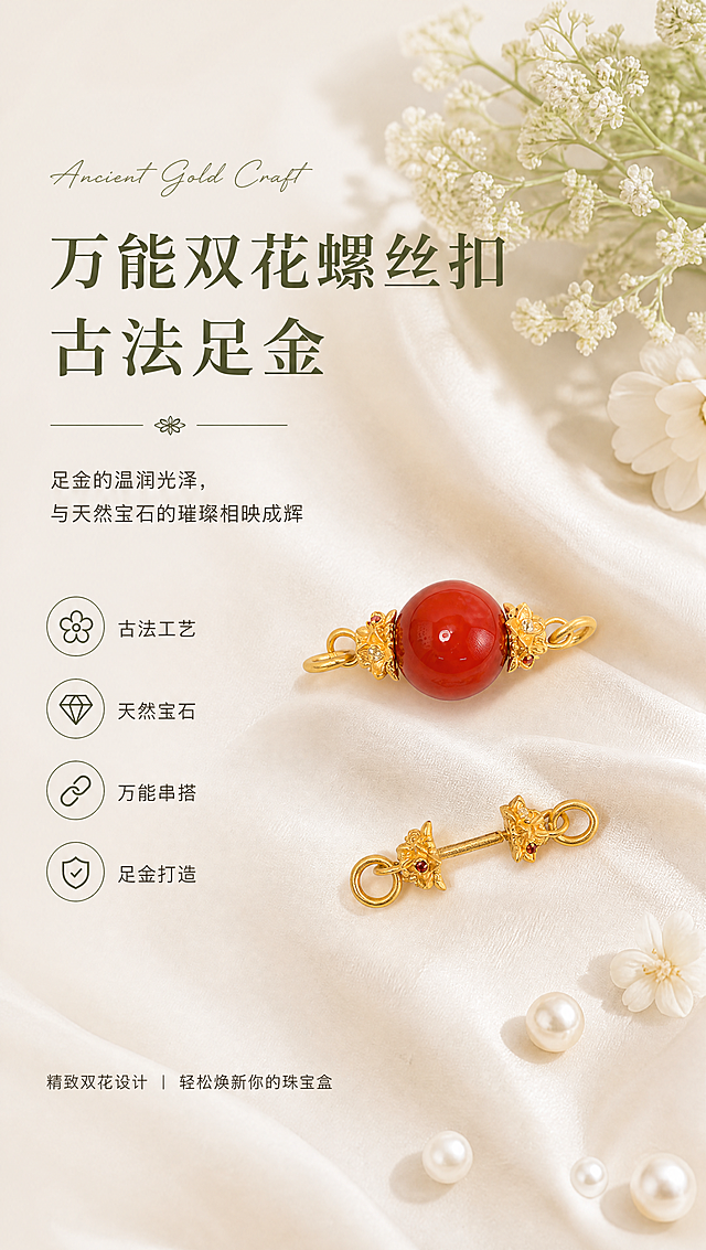 [商品] 使用【图5】南红圆珠款+单只螺丝扣平放对比图；100%保留双花头造型、花瓣形状与层数、南红圆珠色泽、天然红宝石与白蓝宝石的位置和数量、古法金砂面磨砂肌理、足金黄铜原色（完全参照参考图3的黄金颜色）、两款产品的比例、厚度、孔径、活环连接方式；禁止改结构、变形、重绘、发白过曝、死黑阴影，宝石和南红色泽与原图完全一致，古法金磨砂纹理清晰还原。
[画面] 页面目标：氛围头图，第一眼建立产品高级感和核心卖点；构图：左文右图，左侧文字区占45%，右侧产品区占55%；右侧两款产品自然摆放在米白色丝绸上（南红款在上偏右，单只螺丝扣在下偏左），丝绸褶皱柔和自然；右上角点缀白色满天星干花和白色花朵；右下角散落小珍珠做点缀；背景底色与参考图1完全一致的米白暖调；阅读动线：左上英文→大标题→副标题→卖点图标→产品。
[视觉] 套系策略：风格=法式复古轻奢珠宝风（背景底色与参考图1、2完全相同：米白暖调+丝绸褶皱+满天星+白花）；标题字=宋体衬线粗体；正文字=黑体无衬线常规体；英文花体=手写花体；主色=米白暖调#F5F0E8（与参考图1底色完全一致）；背景延展=米白到浅米黄的柔和渐变，米白色丝绸自然褶皱铺底，右上角白色满天星干花+白色小花，右下角散落小珍珠，整体暖调柔焦，光影层次与参考图1一致；强调色=橄榄绿#7A8B6F（仅用于小图标和分隔线装饰）；标题色=深橄榄绿#5A6B4F；正文色=深棕灰#6B6358；组件=细线分隔+四叶小花装饰+圆形线框图标；光影=左上方45°柔暖自然光，产品在丝绸上投下柔和自然的阴影，黄金磨砂肌理与参考图3完全一致。
[文字] 左侧文字区左上对齐：顶部英文花体"Ancient Gold Craft"；大标题两行"万能双花螺丝扣""古法足金"（粗宋大号）；下方细线+四叶小花+细线分隔；副标题两行"足金的温润光泽，""与天然宝石的璀璨相映成辉"（黑体）；下方四个圆形线框图标竖排：✦古法工艺 ✦天然宝石 ✦万能串搭 ✦足金打造；底部小字"精致双花设计 | 轻松焕新你的珠宝盒"；所有文字横排，不遮挡产品主体。
[规格] 图片宽度850px，高度约1500px（竖版），分辨率4K；负向提示：避免产品变形、改结构、重绘花朵造型、发白过曝、死黑阴影、冷蓝背景、文字竖排、文字遮挡产品、宝石颜色偏差、古法金磨砂肌理丢失、拼图感、黄金颜色偏亮偏白。