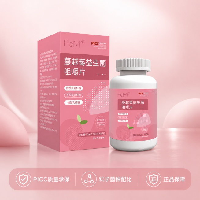 [主图-5] 蔓越莓益生菌规格服务承诺图，促进转化下单。
[氛围风格] 清晰直白，干净可信。
[画质] 商业摄影质感、光线柔和通透、产品清晰真实、画面干净高级。
[元素] 完整瓶装和盒装产品居中展示，预览效果