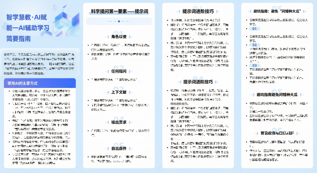 优化这张长图文的排版，让整体更美观，放大并突出标题"智学慧教·AI赋能—AI辅助学习简要指南"，保留所有原有文字内容不要删减，优化层级设计和留白，让阅读更清晰预览效果