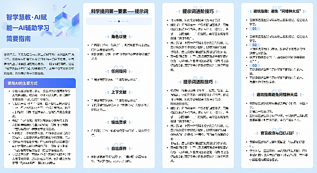 优化这张长图文的排版，让整体更美观，放大并突出标题"智学慧教·AI赋能—AI辅助学习简要指南"，保留所有原有文字内容不要删减，优化层级设计和留白，让阅读更清晰