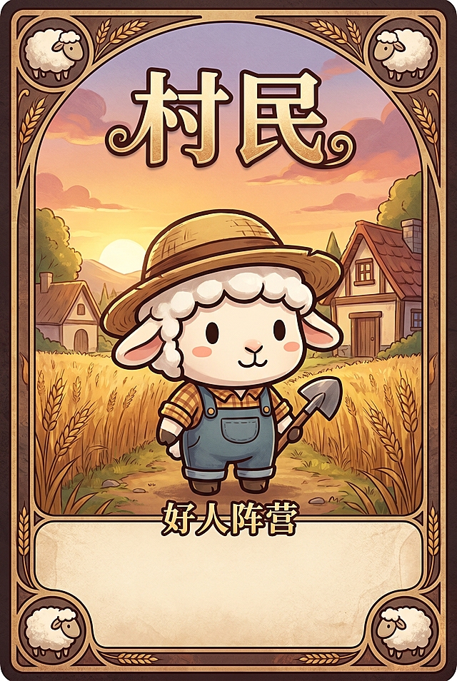 狼人杀村民角色卡牌，村民是好人阵营，设计为参考图中的卡通羊形象，卡牌风格精美，带有角色名称文字"村民"