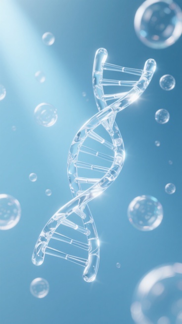 透明玻璃质感的DNA双螺旋结构，悬浮在纯净的浅蓝色渐变背景中，周围环绕着大小不一、带有柔和高光和折射效果的透明气泡，整体呈现出明亮、通透、科技感十足的氛围，光线从左上角斜射而下，在DNA链条和气泡表面形成细腻的反光和阴影，营造出宁静而精密的医疗科研视觉效果。预览效果