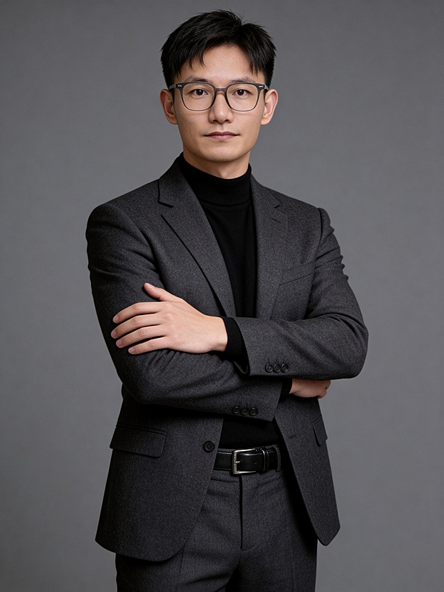 参考第一张图保留人物脸型､发型､年龄等特征生成职场形象照,参考第二张图人物占位和比例,标准焦段50mm,F/4光圈(F/2.8-F/4区间),平视视角(镜头与人物视线齐平);人物占画面70%,人物居中(居中构图),位于画面中心,为视觉聚焦点,入境范围头部及以下至臀部下方10cm(半身像);左右留少量背景空间;头部与画面顶部保留5%空间;头部发型完整,头肩比例协调;身穿修身精纺羊毛混纺面料的深灰色西装外套(含5%桑蚕丝提升柔光质感),平驳领(商务感正式感),左胸袋无口袋巾(简化高级感),西装下摆自然垂度;内搭黑色中领紧身针织上衣,下装精纺羊毛混纺面料的深灰色高腰直筒西裤(面料同西装),搭配黑色哑光头层牛皮皮带(宽1.5cm),带扣为长方形拉丝黑色金属(1.8cm×2.5cm);呈正面抱胸的自然站立姿态:左臂搭于右臂上方,肩颈自然松弛下沉,姿态自信从容｡正式严谨专业稳重,身形匀称,姿态端正｡发梢微微修整干练大气,主体锐利,影棚侧光布光(主光来自画面前方),明暗过渡柔和,背景光线均匀,强化色彩对比的高级感｡哑光简约中深灰色纯色背景(呈现均匀柔和质感),极简干净;32K画质超高分辨率､细节清晰,整体风格雅致､兼具现代精致感;肤质精细化处理;眼神直视镜头,目光坚定且澄澈,表情自然.嘴角上扬;面部光比1:1.5,4800K中性光,微微修饰脸型,肤质哑光细腻,面部雾面柔光,轻透裸肌感,真实毛孔纹理,32K画质,去除人物之外的所有元素｡