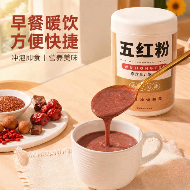 将图片中的产品替换为正面带'五红粉'大字标签的版本，保持现有整体构图、场景、配色、文字文案完全不变，只更换产品罐体为正面。保持正面产品外观、文字信息、颜色材质和用户提供的原图完全一致，不改变任何设计，预览效果
