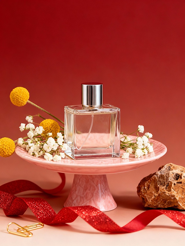 玻璃风香水瓶置于粉色托盘，搭配金属盖与柔美花卉，红丝带点缀，呈现优雅浪漫的节日氛围。