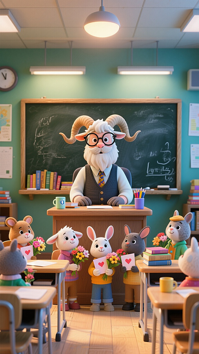 3D卡通风格，拟人动物学生为老师献花，温馨可爱，节日氛围浓厚。