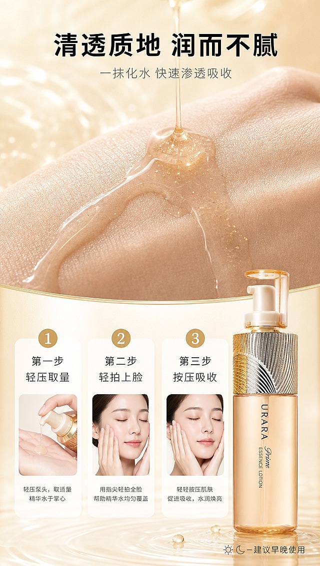 [商品] 使用【图1】URARA悠莱恒采之能精华水；保留透明琥珀色瓶身、金银双色羽翼纹理瓶盖、透明泵头盖、瓶身竖排"URARA Prime ESSENCE LOTION"文字；本页展示开盖状态（泵头按压出精华水），以及精华水质地。
[画面] 目标：质地与使用步骤页，展示产品质感和正确用法。构图：上下分栏，上半部分为精华水质地微距（滴落在手背上的透明精华液，带金闪光泽，拉丝感），占画面约45%；下半部分为3步使用步骤横排，每步配小图+文字；产品瓶身位于右下角，占画面约20%；背景为浅香槟色渐变，带细腻水光质感；整体氛围水润、清透、高级。
[视觉] 套系策略：风格=高端轻奢科技感商业摄影；标题字=现代简约无衬线粗体（思源黑体Heavy）；正文字=纤细无衬线体（思源黑体Regular）；主色=金琥珀+暖香槟；背景延展=浅香槟到米白的线性渐变，带水光波纹质感；强调色=璀璨金，用于步骤编号、质地高光、分隔线；标题色=深炭黑；正文色=中暖灰；组件=圆形步骤编号、细线分隔、圆角白底小卡片；光影=顶部柔光均匀打亮，质地微距有明显高光和通透感，产品有柔和侧光。
[文字] 顶部主标题「清透质地 润而不腻」（黑色大字），副标题「一抹化水 快速渗透吸收」（灰色中字）；下半部分3步横排：「第一步 轻压取量」「第二步 轻拍上脸」「第三步 按压吸收」，每步配对应动作小图标；右下角产品旁小字标注「建议早晚使用」；文字全部横排。
[规格] 图片比例9:16竖版，4K分辨率，负向提示：避免变形、错字、文字过小、冷蓝背景、产品颜色改变、质地颜色不符、瓶身文字错乱。