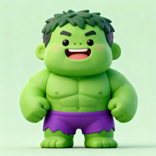 Q版绿巨人形象，可爱萌系画风，圆润憨萌的外形，绿色皮肤，穿着紫色短裤，表情活泼憨厚，整体软萌治愈，背景为纯色预览效果