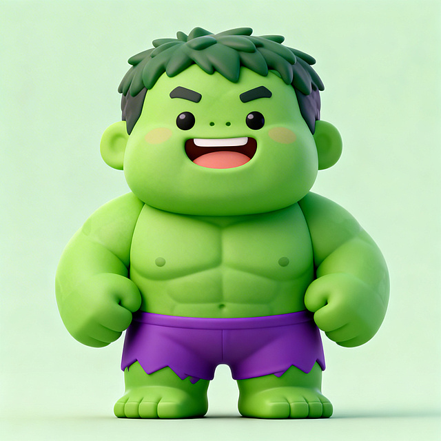 Q版绿巨人形象，可爱萌系画风，圆润憨萌的外形，绿色皮肤，穿着紫色短裤，表情活泼憨厚，整体软萌治愈，背景为纯色