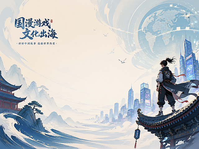 国漫游戏文化出海主题背景，融合传统国风元素与现代科技，展现青年文化潮流，大气简约，适合PPT背景