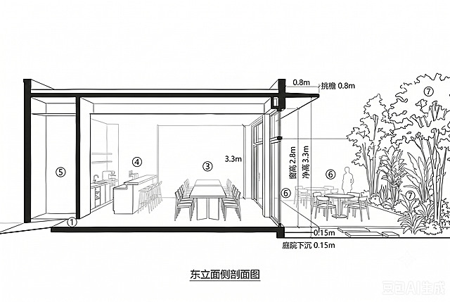 建筑施工图，黑白单线手绘剖面图纸，无色彩无填充，粗实线剖切断面墙体，细实线可见家具、门窗、植物，极简线性插画，和参考一层平面图线条风格完全统一，单层平顶建筑，室内净高3.3m，室外庭院地坪低于室内0.15m，屋檐向外出挑0.8m，标注尺寸文字、家具编号，搭配极简剖面绿植、尺度小人，干净白底，专业室内会所方案图，无阴影无渐变。紧贴建筑东侧外墙剖切，从东向西透视剖面；完整剖切东侧两扇落地观景窗、两组圆形休闲茶桌；室外大面积庭院，高低分层乔木、灌木剖面，表现绿植高度与建筑尺度对比；左侧可见室内中部餐桌、北侧水吧台墙体轮廓；完整横向屋檐0.8m出挑，竖向标注窗户高度、室内净高3.3m、庭院下沉0.15m，图纸底部标注文字“东立面侧剖面图”