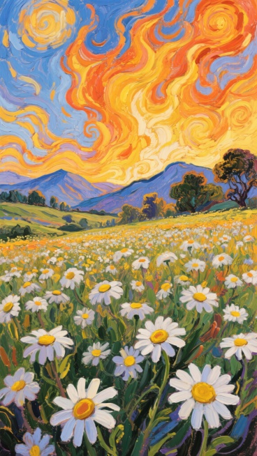 梵高风格的花海，画面中充满了旋转、扭曲的笔触，宛如燃烧的火焰般富有动感。大片雏菊在画面下方绽放，白色的花瓣带着黄色的花心，色彩鲜艳明快。天空被渲染成绚烂的橙黄色和蓝色，云彩如同流动的漩涡，充满了强烈的表现力。远处的山峦和树木也用厚重的笔触描绘，整个画面洋溢着生命的活力与激情，充满了梵高作品中特有的强烈情感和独特的艺术风格。预览效果
