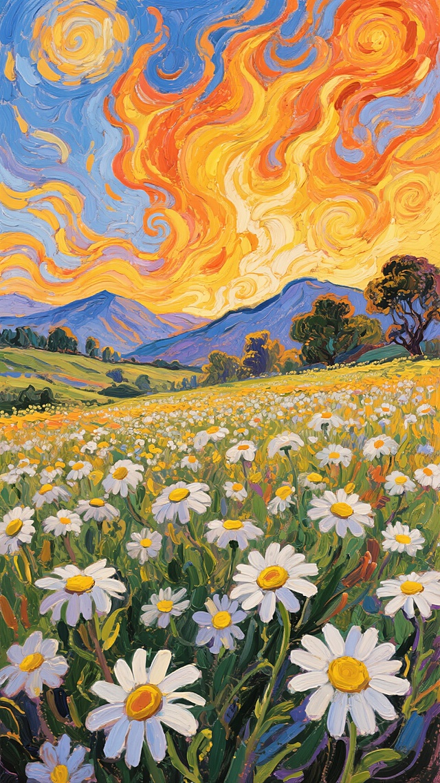梵高风格的花海，画面中充满了旋转、扭曲的笔触，宛如燃烧的火焰般富有动感。大片雏菊在画面下方绽放，白色的花瓣带着黄色的花心，色彩鲜艳明快。天空被渲染成绚烂的橙黄色和蓝色，云彩如同流动的漩涡，充满了强烈的表现力。远处的山峦和树木也用厚重的笔触描绘，整个画面洋溢着生命的活力与激情，充满了梵高作品中特有的强烈情感和独特的艺术风格。