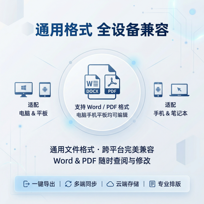 [主图主题] 简历产品格式说明；[氛围/风格] 简约专业科技风；[画面元素] 中心展示一个文件格式图标，标注支持Word、PDF两种格式，旁边展示适配手机、平板、电脑三种设备小图标，背景浅色干净；[配预览效果