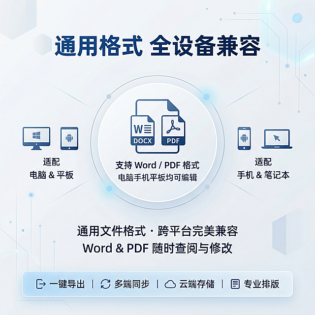 [主图主题] 简历产品格式说明；[氛围/风格] 简约专业科技风；[画面元素] 中心展示一个文件格式图标，标注支持Word、PDF两种格式，旁边展示适配手机、平板、电脑三种设备小图标，背景浅色干净；[配色色系] 主色调：浅灰白；辅助色：浅蓝；[视角构图] 中心对称构图；[文字版式] 主标题“通用格式 全设备兼容”深蓝色粗体在顶部；中心标注“支持Word / PDF格式 电脑手机平板均可编辑”，文字居中，清晰明了，底部浅色半透明悬浮条，不遮挡主体信息；整体简洁专业，信息清晰；[比例分辨率] 2k分辨率