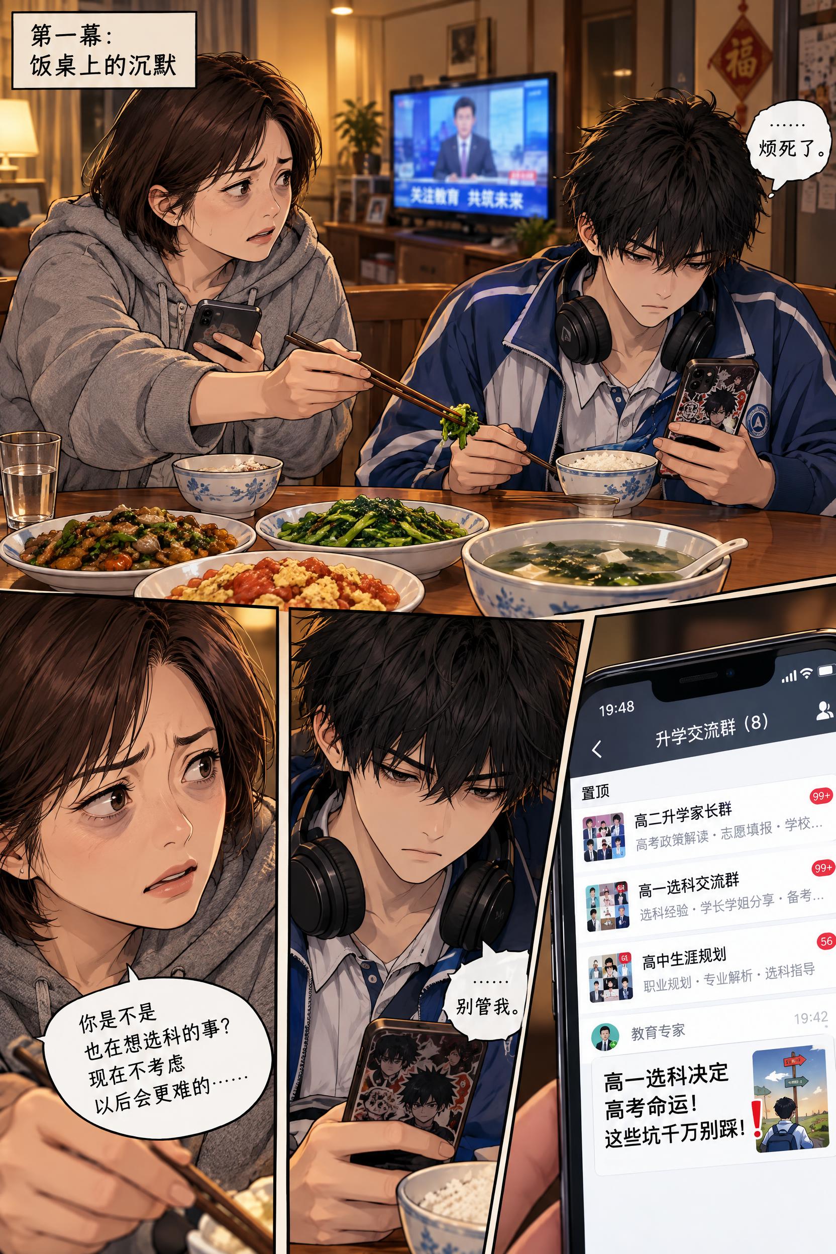 都市漫画风格，第一幕：饭桌上的沉默。晚饭时间，普通家庭餐厅，餐… - 图片创意预览