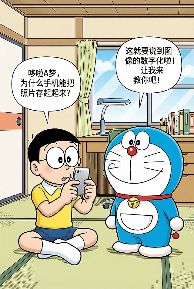 漫画风格，竖屏2:3比例，中文文字。

  场景：大雄的房间，温馨的日式房间，榻榻米地板，书桌上有台灯和书本。

  角色：
  - 大雄：戴着黑框圆眼镜的小学生，穿着黄色T恤，坐在地上，手里拿着智能手机正在拍照，表情好奇
  - 哆啦A梦：蓝色机器猫，圆滚滚的身体，白色的脸和肚子，红色鼻子，站在大雄旁边，微笑表情

  对话气泡：
  - 大雄："哆啦A梦，为什么手机能把照片存起来？"
  - 哆啦A梦："这就要说到图像的数字化啦！让我来教你吧！"

  画面元素：背景有窗户，窗外是蓝天白云，阳光透进来，温暖的学习氛围

  风格：日式漫画风格，线条清晰，色彩明快，适合学习教育内容