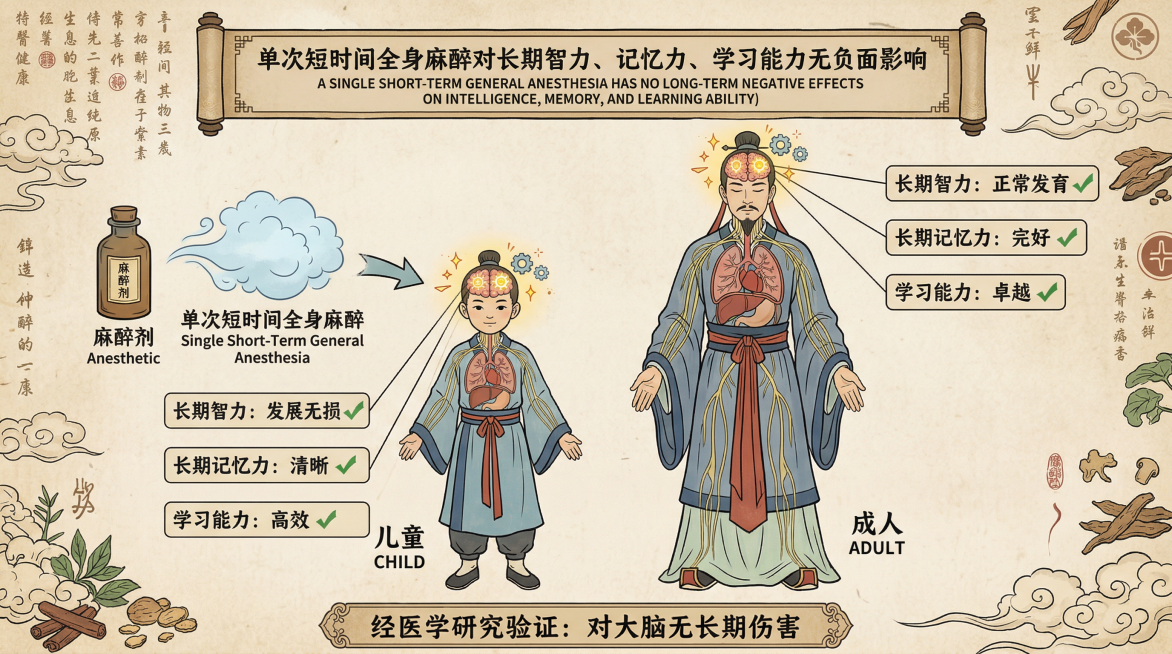 二维扁平插画风格，古代人体示意图样式，无人物，画面体现单次短时间全身麻醉对成人儿童长期智力、记忆力、学习能力无负面影响的含义预览效果