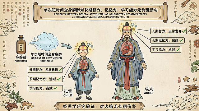 二维扁平插画风格，古代人体示意图样式，无人物，画面体现单次短时间全身麻醉对成人儿童长期智力、记忆力、学习能力无负面影响的含义