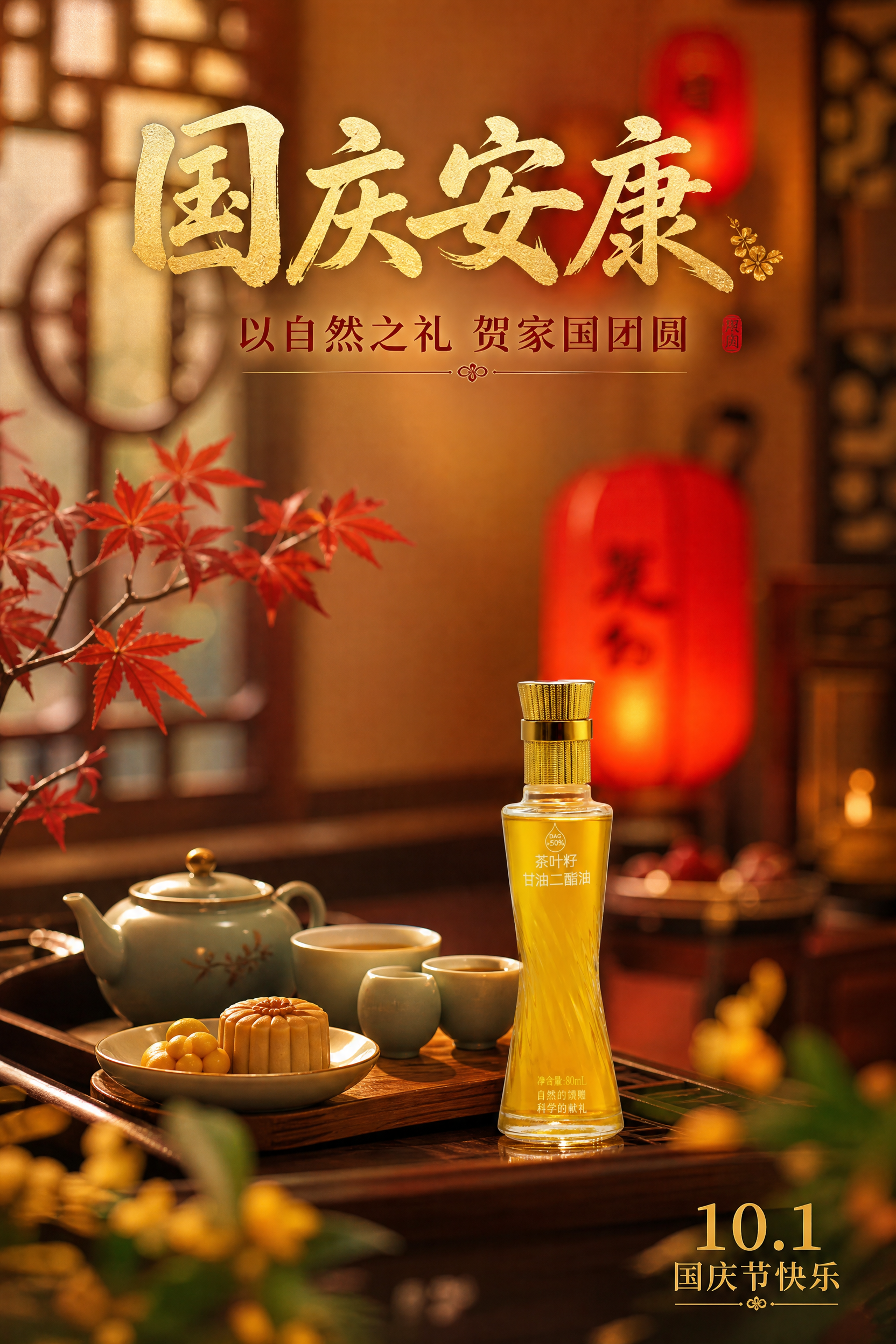 国庆节日祝福主题海报，产品为茶叶籽甘油二酯油（透明玻璃瓶，金色… - 图片创意预览