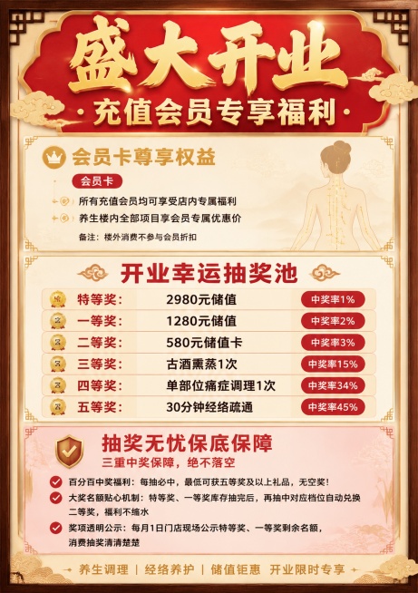 养生会所开业活动福利海报，A4竖版红金喜庆养生风，基底为米白浅杏，顶部主标题"盛大开业・充值会员专享福利"超大加粗烫金字体红底衬底；板块一标题"会员卡尊享权益"暖金粗体，内容："会员卡 所有充值会员均预览效果