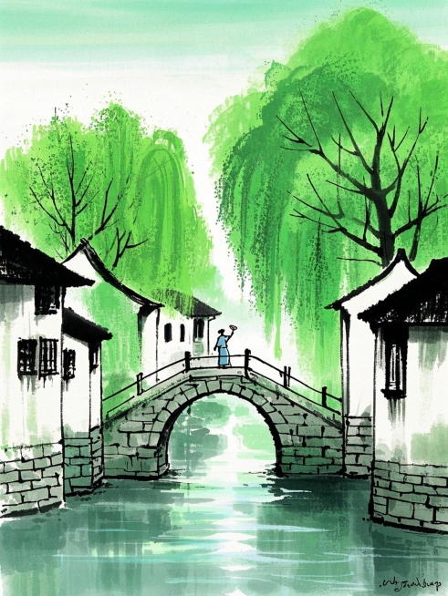 滴墨画，小桥流水，人家绿树，大面积留白，典雅，低饱和色，水墨风预览效果