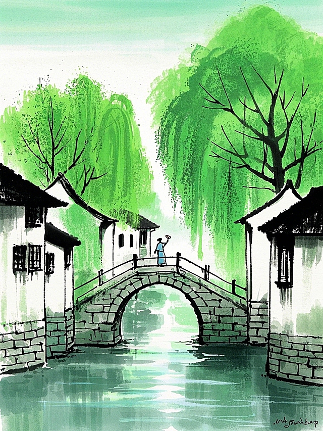清新水墨插画风，中式古桥与绿柳相映，营造宁静雅致的江南水乡氛围。