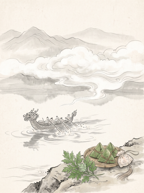 国风淡墨水墨画，远山用淡墨勾出起伏轮廓，山腰间的云靠留白和几缕柔线勾出流动边缘，云脚垂落在水面，水面波纹顺着云影散开，龙舟半行在云影水面，舟身线条利落，桨叶斜点碎浪。岸畔石边斜插几株艾叶，叶脉清晰，竹预览效果