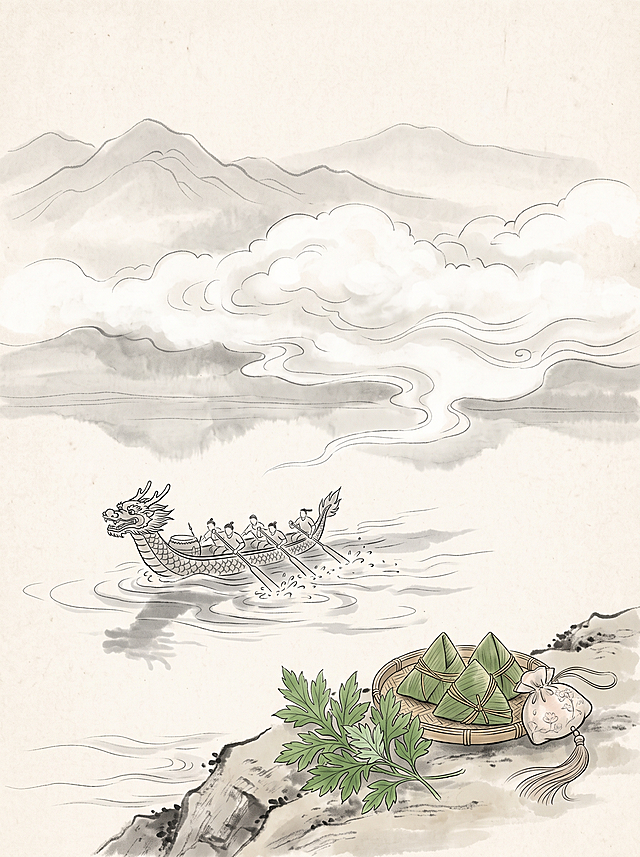 国风淡墨水墨画，远山用淡墨勾出起伏轮廓，山腰间的云靠留白和几缕柔线勾出流动边缘，云脚垂落在水面，水面波纹顺着云影散开，龙舟半行在云影水面，舟身线条利落，桨叶斜点碎浪。岸畔石边斜插几株艾叶，叶脉清晰，竹盘里三只粽子棱角分明，草绳纹路清晰，盘边放着香囊，绣纹浅淡，垂落穗子被风吹得微斜，整体画面诗意淡雅，符合端午氛围，写意留白的国风审美。