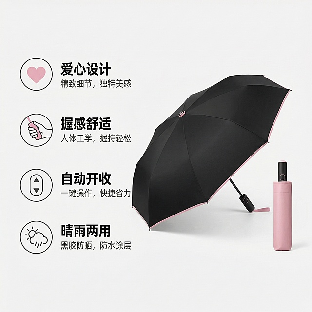 [主图 2] 黑胶晴雨伞核心卖点展示
[氛围/风格] 清晰直观电商风，干净明亮，突出功能卖点
[画面元素] 保留原黑粉色雨伞产品外观，产品放置画面右侧，背景干净浅灰色
[配色色系] 主：浅灰背景，黑产品，辅助浅粉色点缀
[视角构图] 中心左侧留白构图，清晰展示产品与卖点文字
[文字版式] 左侧垂直排列四个核心卖点：爱心设计图标配文字、握感舒适图标配文字、自动开收图标配文字、晴雨两用图标配文字，每个卖点搭配简约圆形图标，标题粗体黑色，说明文字灰色，左侧列表清晰不遮挡产品，信息层级分明
[比例分辨率] 1:1 比例，2k 分辨率