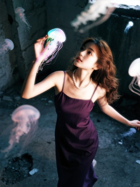俯视图，跳舞的少女，人物仰视，戴哑光珍珠项链，穿方领深紫色吊带长裙触摸水母，视线要对着水母，环绕动态模糊的小水母（水母巴掌大小），水母发光（彩色），梦核暗调，废旧建筑。脸部一束光，奶油肌，特写预览效果
