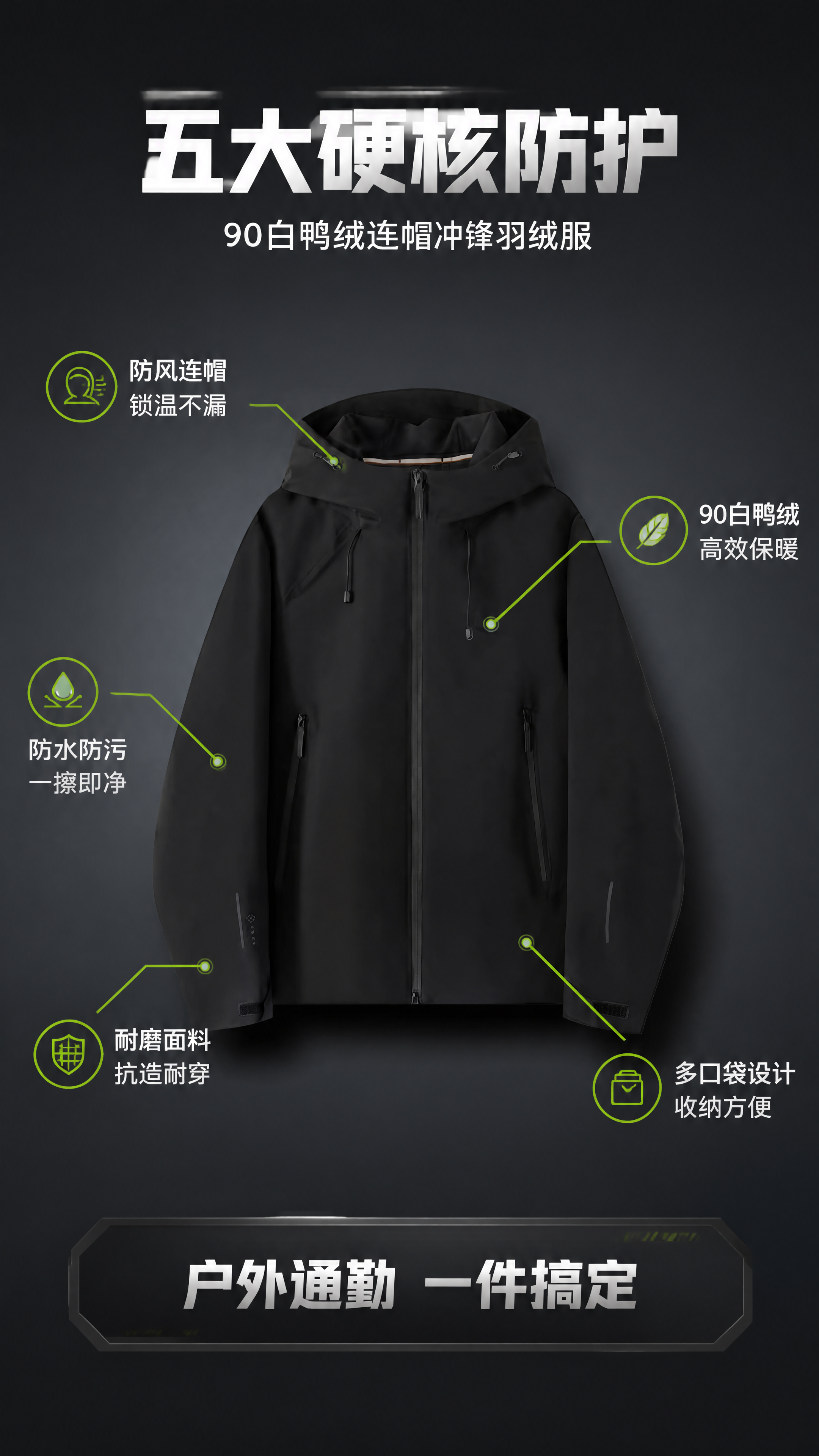 [第2张] 核心卖点总览页-90白鸭绒连帽冲锋羽绒服五大功能引… - 图片创意预览