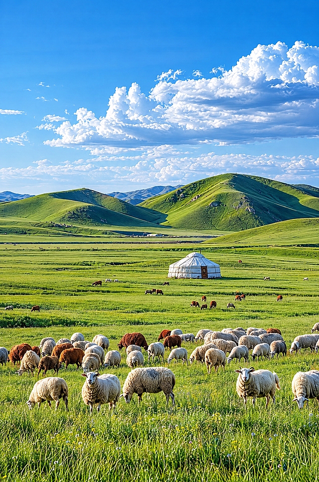 将这张草原风景图片变得更加清晰，提升画面的锐度和细节，让草地、羊群、蒙古包和远山的纹理更加细腻真实，色彩自然通透，整体画质高清细腻