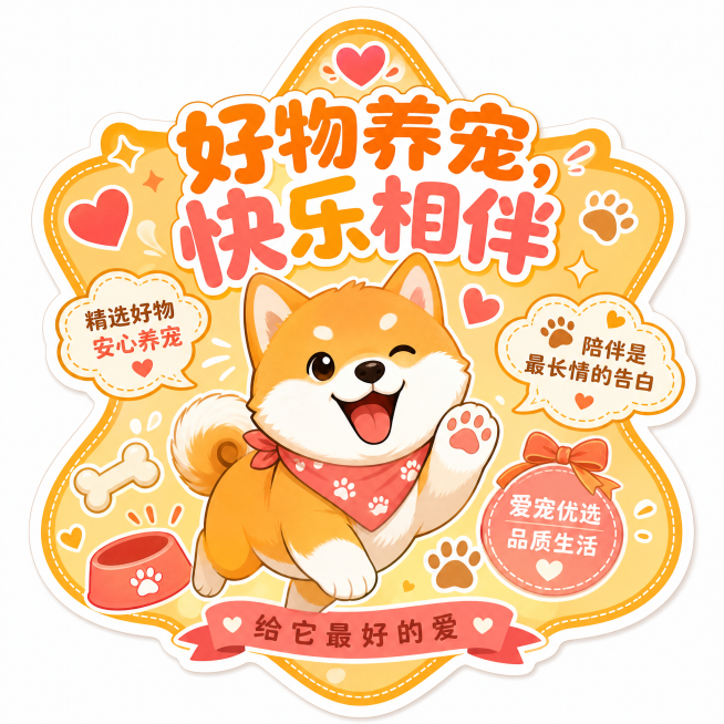 宠物宣传主题异形贴纸，画面中心放置卡通柴犬，边缘异形抠图贴合星形轮廓，圆润活泼大字主标题"好物养宠，快乐相伴"，暖色调配色，边角点缀骨头、爪印、爱心等宠物相关小图标装饰，活力温馨风格预览效果