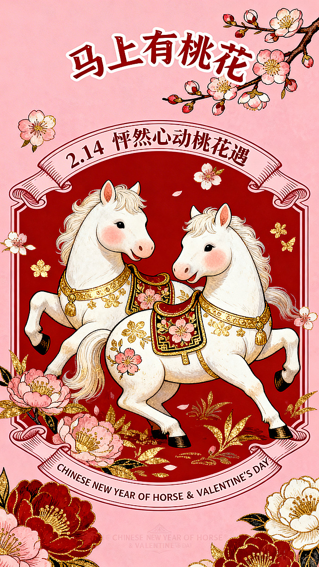 国潮风插画，拟人化白马深情对望，鎏金装饰与水彩桃花交织，喜庆甜蜜，传递情人节与马年双喜临门的浪漫氛围。