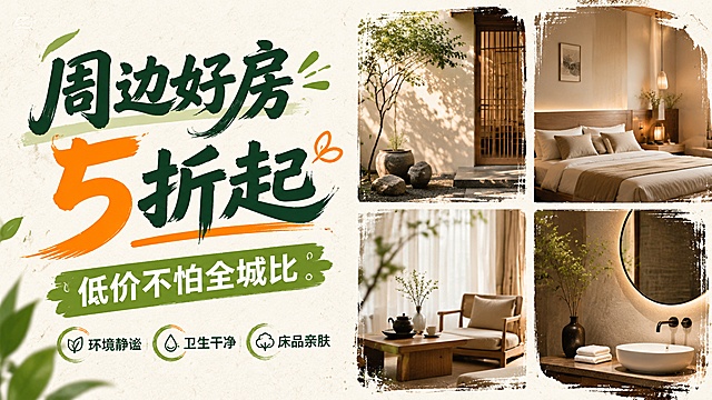 「图片1」请帮我制作出四张不同主题风格的四宫格酒店的信息流海报，[文字]创意字体[文字]创意字体 主标题“周边好房5折起”副标题“低价不怕全城比”标签小标题“环境静谧/卫生干净/床品亲肤”（文字放在画面中左边）（大师级别的艺术活泼字体）（字体完整）[参数]超高清8K，分辨率高，充满活力，8k，色彩明快，非常适合电商视觉效果。比例 「16:9」，剪贴蒙版的排版，比例 16:9