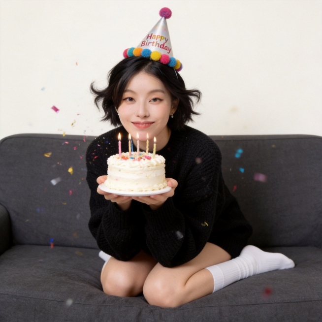 生成居家生日氛围感写真，仅保留参考图1人物脸型、五官、年龄等特征，忽略参考图原有发型配饰，电影质感，高通透氛围感，复古暖调，温暖柔和自然光；清透自然皮肤，真实纹理，自然短发，慵懒翘翘头；跪姿坐于沙发，预览效果