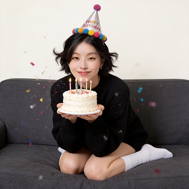 生成居家生日氛围感写真，仅保留参考图1人物脸型、五官、年龄等特征，忽略参考图原有发型配饰，电影质感，高通透氛围感，复古暖调，温暖柔和自然光；清透自然皮肤，真实纹理，自然短发，慵懒翘翘头；跪姿坐于沙发，双手捧蛋糕凑近镜头，笑容灿烂元气十足；清透白开水妆容，粉嫩腮红+无辜卧蚕+水光玻璃唇；彩色毛球生日尖顶帽，黑色宽松慵懒风针织毛衣，白色中筒袜，室内居家场景，深灰色布艺沙发，纯色奶油白墙面，搭配插着蜡烛的生日蛋糕与缤纷彩色礼花，分辨率4k，电影级光影质感，商业人像摄影级别，画面比例2:3