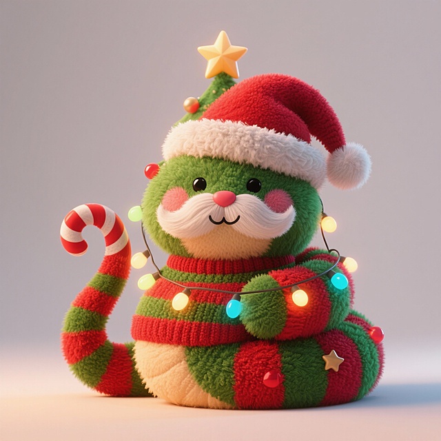 软3D风格的圣诞小蛇，毛茸茸的拟人化设计，头戴圣诞帽，身披彩灯与条纹毛衣，萌趣十足，充满节日喜庆与温馨氛围。