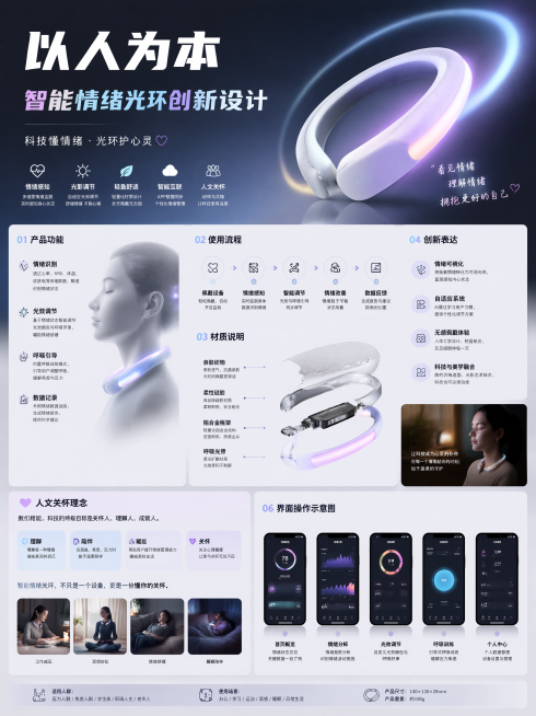 “以人为本”—智能情绪光环设计

要求：结合课上所学知识，设计一款具有人文关怀、设计创新、解决实际痛点的数字化智能情绪光环。运用展板的表现形式，对产品的功能、使用流程、材质、创新表达、人文关怀、情感关预览效果