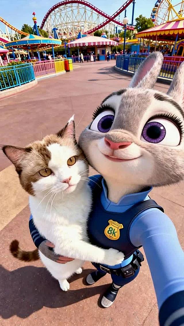 3D动漫风拟人兔警官与真实猫咪温馨互动，卡通感十足的游乐园背景，趣味萌趣十足，虚拟现实融合自然。