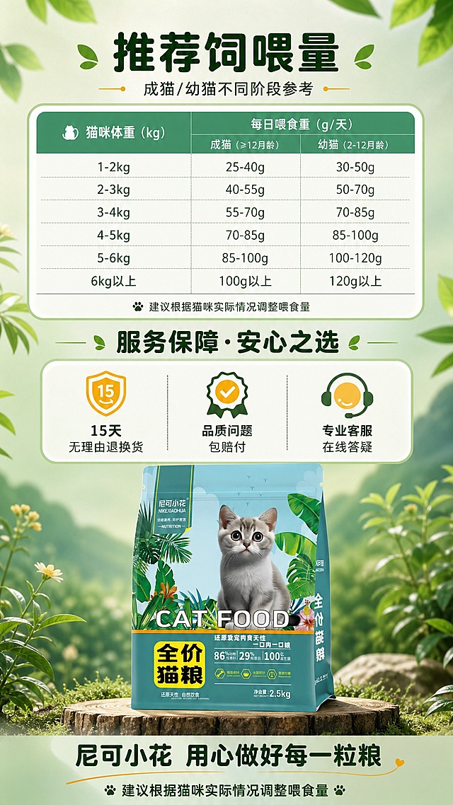 [商品] 使用【图2】尼可小花全价猫粮袋装产品；保留包装袋所有原貌特征；商品处理：产品袋放在画面底部中央，作为收尾展示。
[画面] 页面目标：服务保障+喂食指南收尾页，促进转化下单；构图骨架：上下结构，上半部分喂食指南图表，下半部分服务保障承诺+产品展示；主体位置：画面中部，喂食量对照表+服务承诺图标；主体占比：信息内容占画面约60%；景别：信息全景；阅读动线：从上到下；前中后景：前景信息卡片，中景产品袋，后景温馨渐变背景+植物装饰；场景：温馨有保障的收尾页，给人安心购买的感觉。
[视觉] 套系策略：风格=自然清新森系商业摄影风；标题字=粗黑体圆润字形；正文字=简洁无衬线体；主色=青绿色（#2A9D8F）；背景延展=基于青绿色做深浅层级、同色渐变和自然植物/木纹/草地质感；强调色=暖黄色（#F4A261），仅用于小面积图标、引线、标签和数字高亮；标题色=深墨绿色；正文色=深灰绿色；组件=圆角浅绿信息卡、细线引线、叶片装饰元素；光影=均匀柔和布光，整体氛围温馨。
[文字] 顶部主标题："推荐饲喂量"；配猫咪体重对应每日喂食量的参考表格，标注"成猫/幼猫不同阶段参考"；中部服务保障板块，3个承诺点："15天无理由退换货"、"品质问题包赔付"、"专业客服在线答疑"，每个配对应图标；底部产品袋旁配文案："尼可小花 用心做好每一粒粮"，加一句温馨提示："建议根据猫咪实际情况调整喂食量"；所有文字横向排版，字号保证手机端清晰可读。
[规格] 图片比例9:16竖版，4K，避免变形、错字、文字过小、过度承诺、冷蓝/蓝灰背景。
